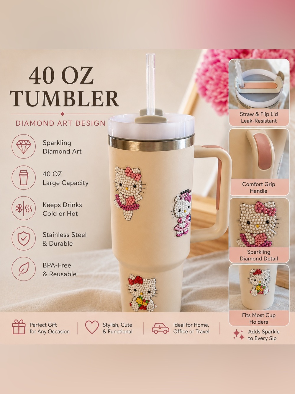 Diamond Art Stainless Steel Tumbler with Handle - Cute Character Design